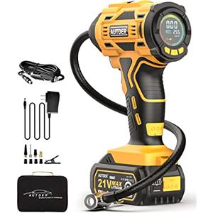 AUTDER Compressore Aria Portatile Senza Fili 180 PSI, Gonfiatore Pneumatici per Auto, Moto e Bicicletta con Manometro LCD, Luce LED, Batteria 21V Ricaricabile e Alimentazione 12V DC - Giallo