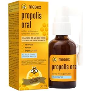 Medex Propolis Oral, propoli spray gola, a base d'acqua, senza alcol; con miele, salvia, niacina, echinacea, con applicatore, 30 ml