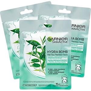 Garnier 3x Garnier SkinActive Hydra Bomb Maschera Viso in Tessuto Idratante e Opacizzante con Te Verde e Acido Ialuronico