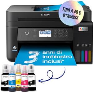 Epson EcoTank ET-3850 Stampante Multifunzione A4, Serbatoi Ricaricabili Alta Capacità, 5 Flaconi Inclusi pari a 14000pag B/N 5200pag Colore, Display LCD, Wi-Fi/Direct