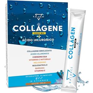 BALANCE NUTRITION COLLAGENE IDROLIZZATO 5000MG | Collagene e Acido Ialuronico | Collagene da Bere, Coenzima Q10, Vitamina C Naturale, Melograno, Resveratrolo, Acido Alfa Lipoico, Bardana | 10 Stickpack Liquidi