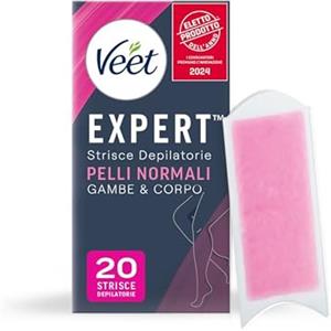 Veet Expert Strisce Depilatorie Ceretta Gambe e Corpo per Pelli Normali con Burro di Karitè, 20 Strisce (10x2 Strisce) + 4 Salviette Post-Epilazione con Olio D'Argan