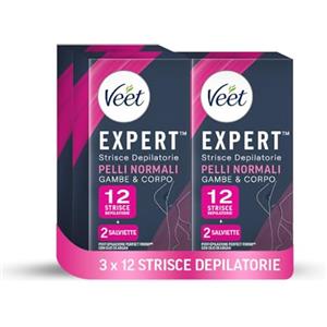 Veet Expert Strisce Depilatorie Gambe e Corpo, Ceretta per Pelli Normali con Burro di Karitè, Dermatologicamente Testate, 36 Strisce (18x2 Strisce) + 6 Salviette Post-Epilazione con Olio D'Argan