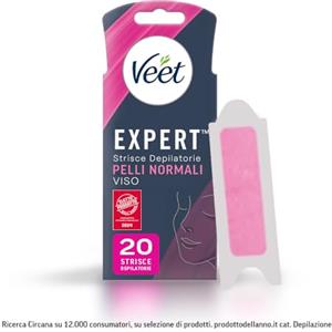 Veet Expert Strisce Depilatorie Viso, Ceretta per Pelli Normali con Burro di Karitè, Dermatologicamente Testate, 20 Strisce (10x2 Strisce) + 4 Salviette Post-Epilazione con Olio D'Argan