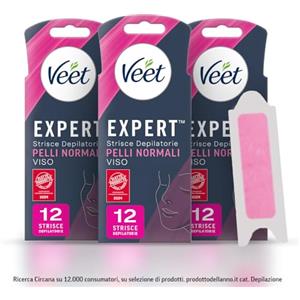 Veet Expert strisce depilatorie Pelli Normali, Per Viso, Dermatologicamente testate, Confezione da 36 con 6 salviette Post Epilazione