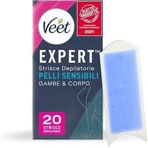 Veet Expert Strice Depilatorie Ceretta Gambe e Corpo per Pelli Sensibili con Olio di Mandorla, 20 Strisce (10x2 Strisce) + 4 Salviette Post-Epilazione con Olio D'Argan