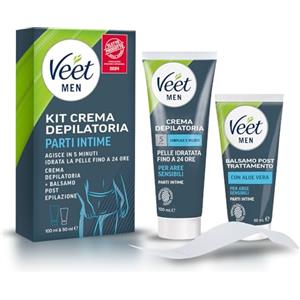 Veet Men Kit Depilazione Intima per Pelli Sensibili, Crema Depilatoria Uomo Parti Intime, Dermatologicamente Testata, Efficace Dopo 5 minuti, Crema Depilatoria 100 ml e Balsamo Post Depilazione 50 ml