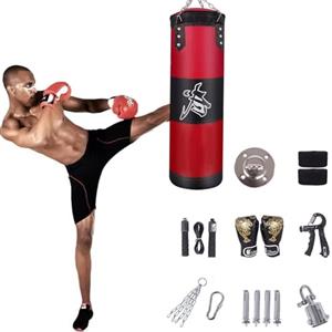 HEYOUTH Sacco Da Boxe,Sacco Da Boxe Da Muro,Sacco Da Boxe Pieno,15PCS Set di sacchi da boxe da appendere,non riempiti,pesanti sacco boxe set da boxe con fasce Rotazione a 360°per Muay Thai (Rosso, 60cm)