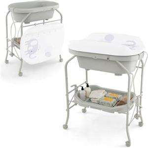 COSTWAY Fasciatoio con Vaschetta da Bagno per Neonati, Fasciatoio Pieghevole Salvaspazio con Materassino in PVC e Ruote, per Bambini 0-12 Mesi, Portata 15kg+35 kg (Grigio Chiaro)