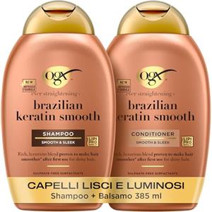 OGX Set Capelli Shampoo e Balsamo Ever Straightening + Brazilian Keratin Smooth, Cofanetto con balsamo e shampoo cheratina districante capelli, Kit con prodotti per capelli crespi e ricci, 2 x 385 ml