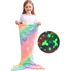 softan Coperta a forma di coda di sirena per bambini, che si illumina al buio, con unicorno e sirena, regalo per ragazze, in morbido pile di flanella, con motivo arcobaleno sfumato a squame di pesce, 100 x