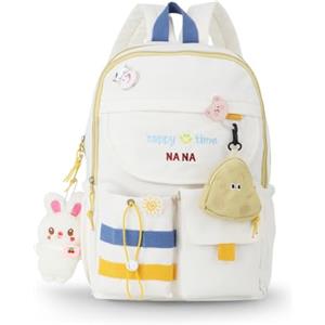 Jywmsc Zaino Scolastico Kawaii per Ragazze Adolescenti Ritorno a Scuola Estetico Carino Adorabile Adorabile con Spilla Kawaii e Simpatico Accessorio (Bianco)