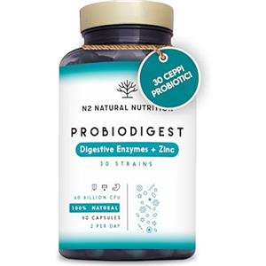 N2 Natural Nutrition Fermenti Lattici Probiotici per Intestino. 30 Ceppi Batterici, Enzimi Digestivi, Inulina e Zinco. 60 Miliardi UFC. Lactobacillus Reuteri. Probiotici e Prebiotici. 90 capsule. N2 Natural Nutrition