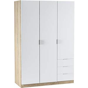 Dmora Armadio Guardaroba, 3 Ante + 3 cassetti-cm. 121 x 180 x 52, Bianco e Rovere, Small