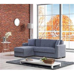 Dmora Letto con penisola Fernando, Divano ad Angolo Reversibile, Sofà Contenitore da Soggiorno con Chaise Longue e 2 Cuscini, 230x150h81 cm, Grigio, Pannello melaminico, Tessuto