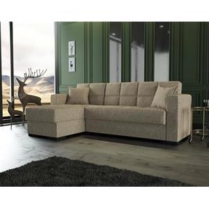 Dmora Letto con penisola Fernando, Divano ad Angolo Reversibile, Sofà Contenitore da Soggiorno con Chaise Longue e 2 Cuscini, 230x150h81 cm, Beige, Pannello melaminico, Tessuto