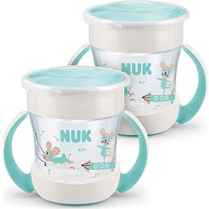 NUK Mini Magic Cup bicchiere antigoccia | Bordo 360° anti-rovesciamento | 6+ mesi | manici ergonomici | Senza BPA | 160 ml | Turchese | 2 pezzi