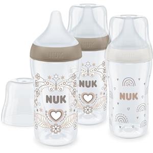 NUK Set biberon Perfect Match | 3+ mesi | Si adatta al palato del bambino | Controllo temperatura | Sfiato anti-colica | 260 ml | Senza BPA | Tettarella media in silicone | Arcobaleno e cuori | 3 pz