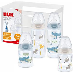 NUK First Choice+ Biberon Starter Set | 0-6 Mesi | 4 Bottiglie Con Controllo Della Temperatura E Scatola Porta-biberon | Valvola Anti-coliche | Senza Bpa |5 Pezzi, color Safari