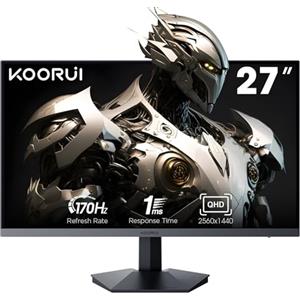 KOORUI Gaming Monitor 27 pollici, QHD 2560 x 1440 PC Schermo Tecnologia Adaptive-Sync (IPS, 170Hz, 1ms, DCI-P3 90%, Compatibilità Gsync, 2xHDMI, VESA, DisplayPort, Inclinazione Regolabile)