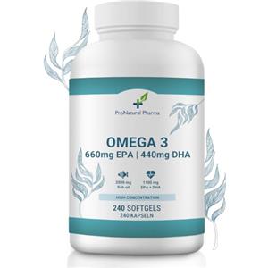 ProNatural Pharma Omega 3 2000 mg | 240 capsule | Alta concentrazione di 660 mg di EPA e 440 mg di DHA. Olio di pesce per il colesterolo, il cuore, la salute del cervello e la pressione sanguigna | 4 mesi | ProNatural