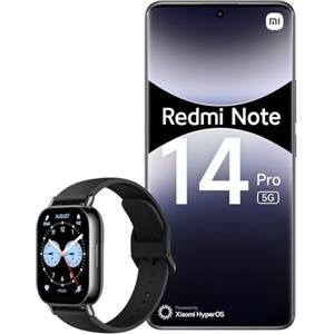 Xiaomi Smartphone Redmi Note 14 Pro 5G, 8+256GB, fotocamera AI da 200MP, IP68, ricarica turbo da 45W con batteria da 5110mAh, funzionalità AI (caricabatterie non incluso), Nero + Watch 5 Lite