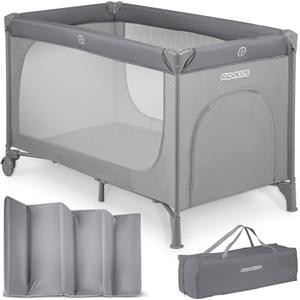 Ricokids Lettino da viaggio per bambini con materasso, 125 x 65 x 78 cm, lettino da viaggio per bambini, fino a 15 kg, 2 ruote con freni, ingresso laterale rimovibile, borsa per il trasporto,
