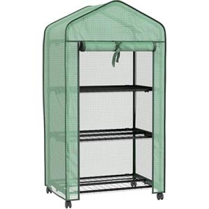 Outsunny Mini Serra da Giardino con Copertura in PE e 3 Ripiani, Serra da Balcone con Ruote e Porta Avvolgibile, 69x49x130cm, Verde
