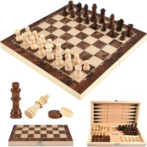 YAJIMAOY 3 in 1 Scacchiera in Legno, Scacchiera Pieghevole con Scacchi e Dama Backgammon, Scacchiera Portatile Scacchi da Viaggio Legno, Scacchi Gioco da Tavola per Bambini e Adulti All'aperto Festa (29cm)