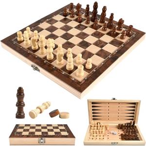 YAJIMAOY 3 in 1 Scacchiera in Legno, Scacchiera Pieghevole con Scacchi e Dama Backgammon, Scacchiera Portatile Scacchi da Viaggio Legno, Scacchi Gioco da Tavola per Bambini e Adulti All'aperto Festa (24cm)