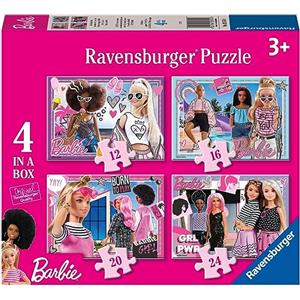 Ravensburger - Puzzle Barbie, Collezione 4 in a Box, Idea Regalo per Bambini 3+ Anni, Gioco Educativo e Stimolante, 4 Puzzle 12-16-20-24 Pezzi, 70x50 cm