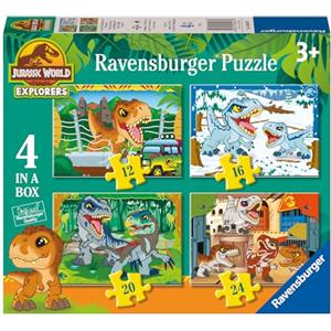 Ravensburger - Puzzle Jurassic World Explorers, Collezione 4 in a Box, Idea Regalo per Bambini 3+ Anni, Gioco Educativo e Stimolante, 4 Puzzle 12-16-20-24 Pezzi, 19x14 cm