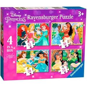 Ravensburger - Puzzle Principesse Disney, Collezione 4 in a Box, Idea Regalo per Bambini 3+ Anni, Gioco Educativo e Stimolante, 4 Puzzle 12-16-20-24 Pezzi, 70x50 cm