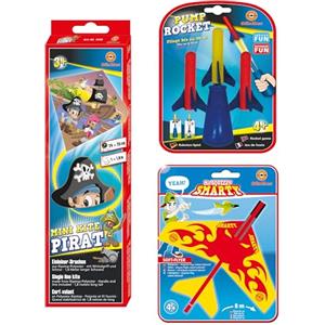 Günther Flugspiele 1715 - Mini aquilone pirata pronto al volo di circa 24 x 25 cm, aliante da lancio aereo di circa 17 cm e gioco di razzi Pump Rocket con 3 razzi in schiuma