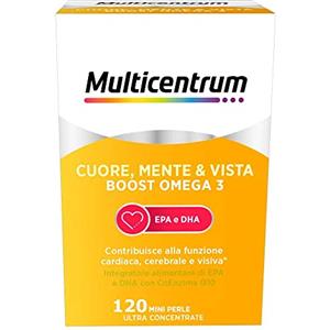 Multicentrum Omega3 Cuore, Mente & Vista Boost Omega 3, Integratore Alimentare di EPA e DHA, Tripla Azione Funzione Cardiaca, Cerebrale e Visiva, Senza Glutine, 120 mini perle