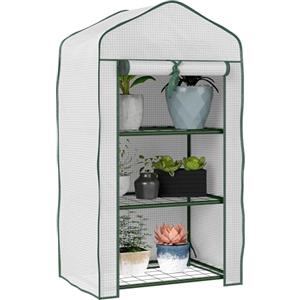 Outsunny Mini Serra da Giardino con Copertura in PE e 3 Ripiani, Serra da Balcone con Porta Avvolgibile, 59x39x127cm, Bianco