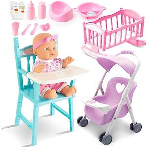 deAO Bambola bebé Playset, Bambolotti Bambole e Accessori con Baby Dolls, Carrozzina per Bambole, Letto per Bambole, seggiolone, Vestiti per Bambole, Set da Gioco per Bambole per Bambini 3+
