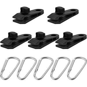 PTJJXA 5 Pezzi Clip per Teloni, Morsetto per Tenda da Campeggio, Tarp Clips in Plastica con 5 Moschettoni, Antivento Morsetto di Fissaggio per Tenda per Parasole Auto Piscina Giardino all'aperto