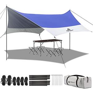 Forceatt 3.7 x 4.3m Tenda Parasole da Campeggio Tarp con 2 Pali, Tenda da Sole Telone Anti-UV(UPF50+) Impermeabile Può Essere Utilizzato con Auto, Tenda e Amaca per Escursioni, Giardino e Viaggi.