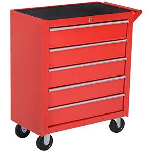 HOMCOM Carrello Porta Attrezzi a 5 Cassetti con Serratura, 4 Ruote e Maniglia, Carrello Officina in Acciaio 69x33x75cm, Rosso