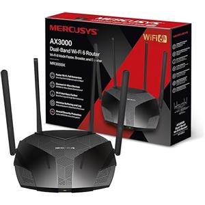 Mercusys TP-Link MR3000X AX3000Mbps Router WiFi 6 Dual-Band, 4 Porta Gigabit, 2402Mbps su 5 GHz e 574Mbps su 2,4 GHz, 4 Antenne Ad Alto Guadagno, OFDMA, WPA3, Canali da 160MHz, Energia Efficiente