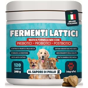 Integrapet Probiotici per Cani e Fermenti Lattici per Salute Intestinale e Prurito 120 Snack naturali- Probiotico Cane Intestino Dermatite e Diarrea-Brand Italiano