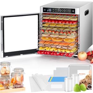 Kwasyo Essiccatore Alimentare professionale in Acciaio Inossidabile 12 Vassoi, 6 Funzioni Preimpostate, Essiccatore 800W, 6 Tappetini in Silicone, 2 Barattoli, 2 Vassoi per Rotoli di Frutta Inclusa