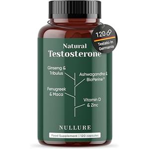 Nullure Testosterone Naturale per Uomo | Vegano | Tribulus Terrestris + Maca + Ashwagandha + Zinco + Ginseng + Fenogreco + Zinco + Vitamina D + Bioperine |120 capsule (2 mesi)
