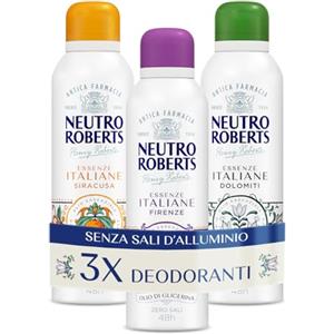 Neutro Roberts, Kit Deodoranti Spray Essenze Italiane Dolomiti, Siracusa e Firenze, Senza Sali di Alluminio, Zero Macchie, Con Puro Olio di Glicerina, Deodorante Donna e Uomo, 48h - 3 Pezzi da 200 ml