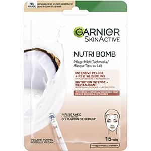 Garnier Maschera di stoffa, maschera viso per pelle secca e stanca, cura intensiva e rivitalizzazione, formula vegana con latte di cocco e acido ialuronico, Nutri Bomb, 28 g