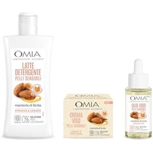 Omia, Kit Routine Viso, Set Cura Viso con Crema Idratante Viso, Olio Viso e Latte Viso con Mandorla di Sicilia per Pelli Sensibili, Kit Trattamento Skin Care Idratante e Protettivo - Esclusiva Amazon