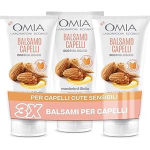 Omia, Balsamo Capelli Eco Bio con Mandorla di Sicilia per Capelli e Cute Sensibile, Formula Delicata, Balsamo per Lavaggi Frequenti, Senza Siliconi e SLES, 3 Flaconi da 180 ml - Esclusiva Amazon