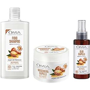 Omia, Kit Routine Haircare, Set Cura Capelli con Fisio Shampoo Eco Bio, Maschera Capelli e Olio Capelli con Olio di Argan del Marocco, Adatto a Lavaggi Frequenti, Azione Nutriente, Senza SLES e PEG