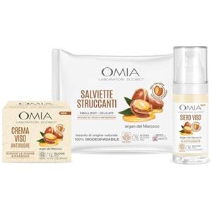 Omia, Kit Routine Viso, Set Cura Viso con Crema Idratante Viso, Siero Viso e Salviette Viso con Argan del Marocco per Pelli Secche, Kit Trattamento Skin Care Antirughe - Esclusiva Amazon